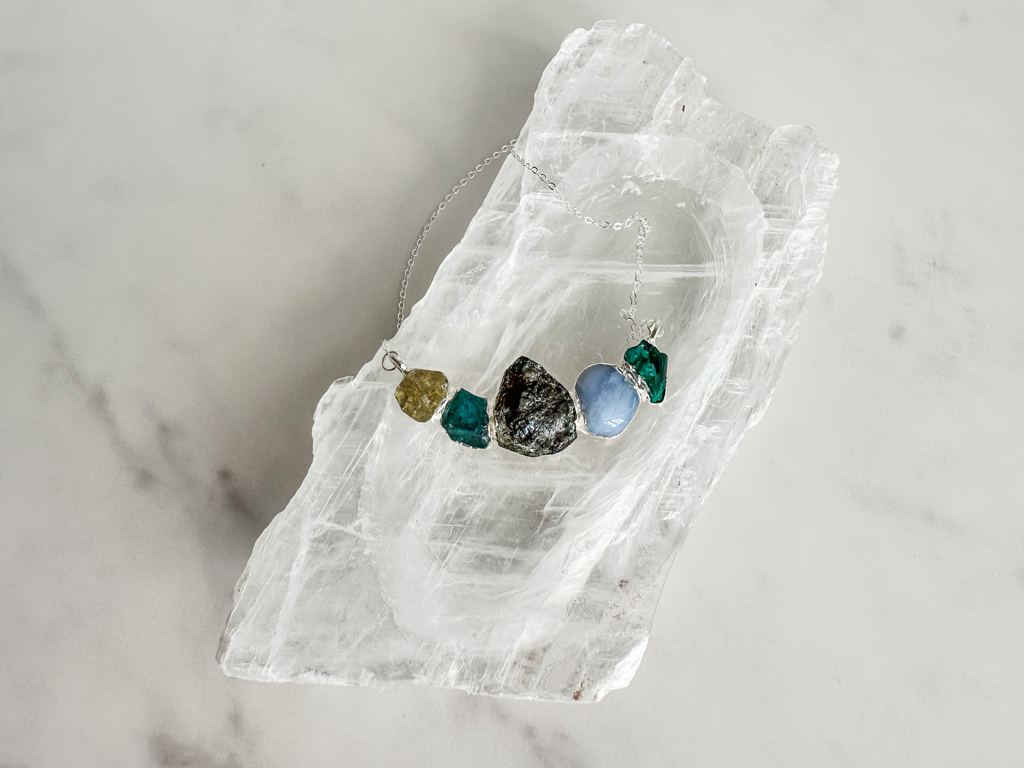 Apatite, Green Tourmaline, Angelite and Dioptase Necklcae