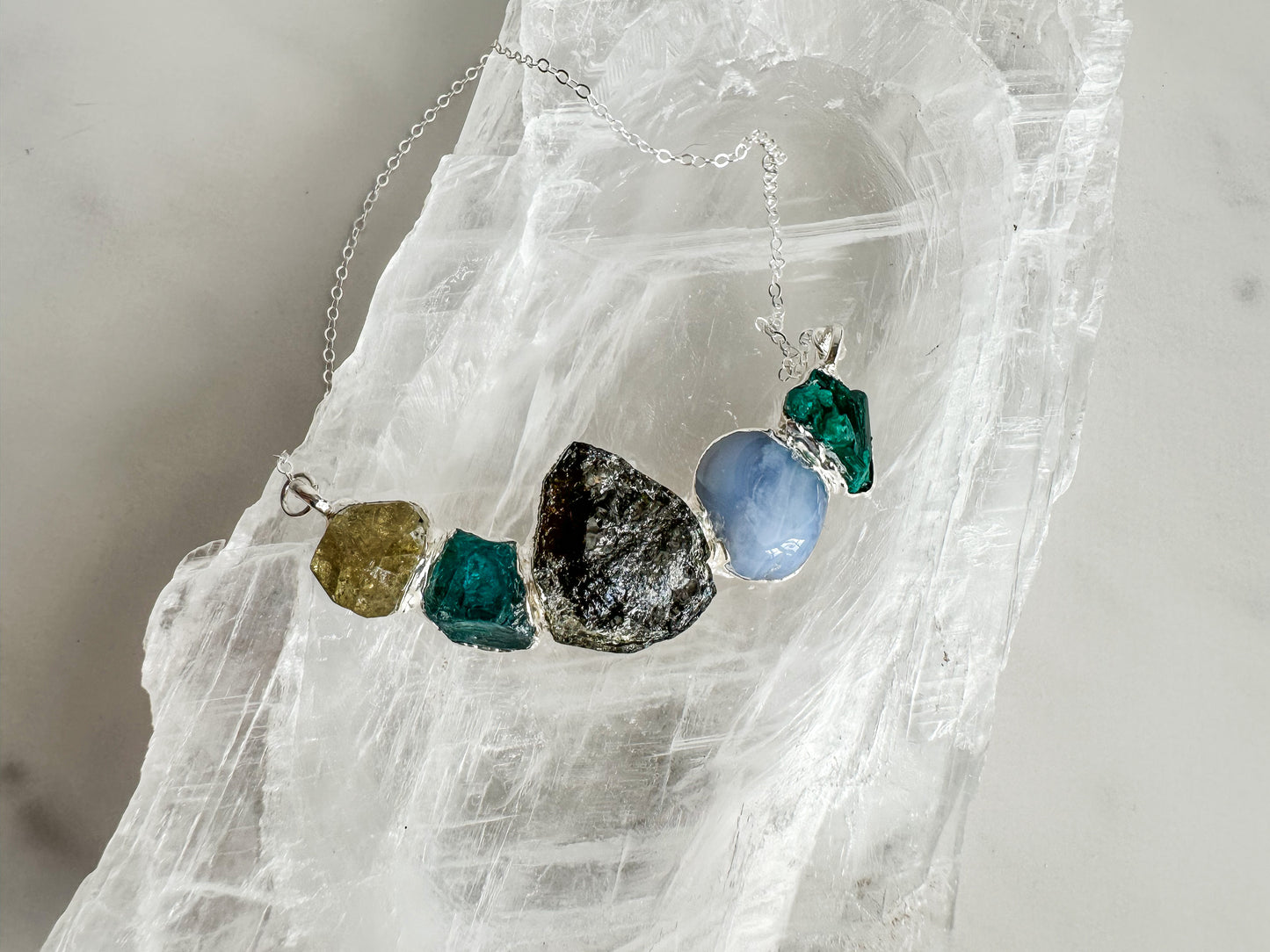 Apatite, Green Tourmaline, Angelite and Dioptase Necklcae