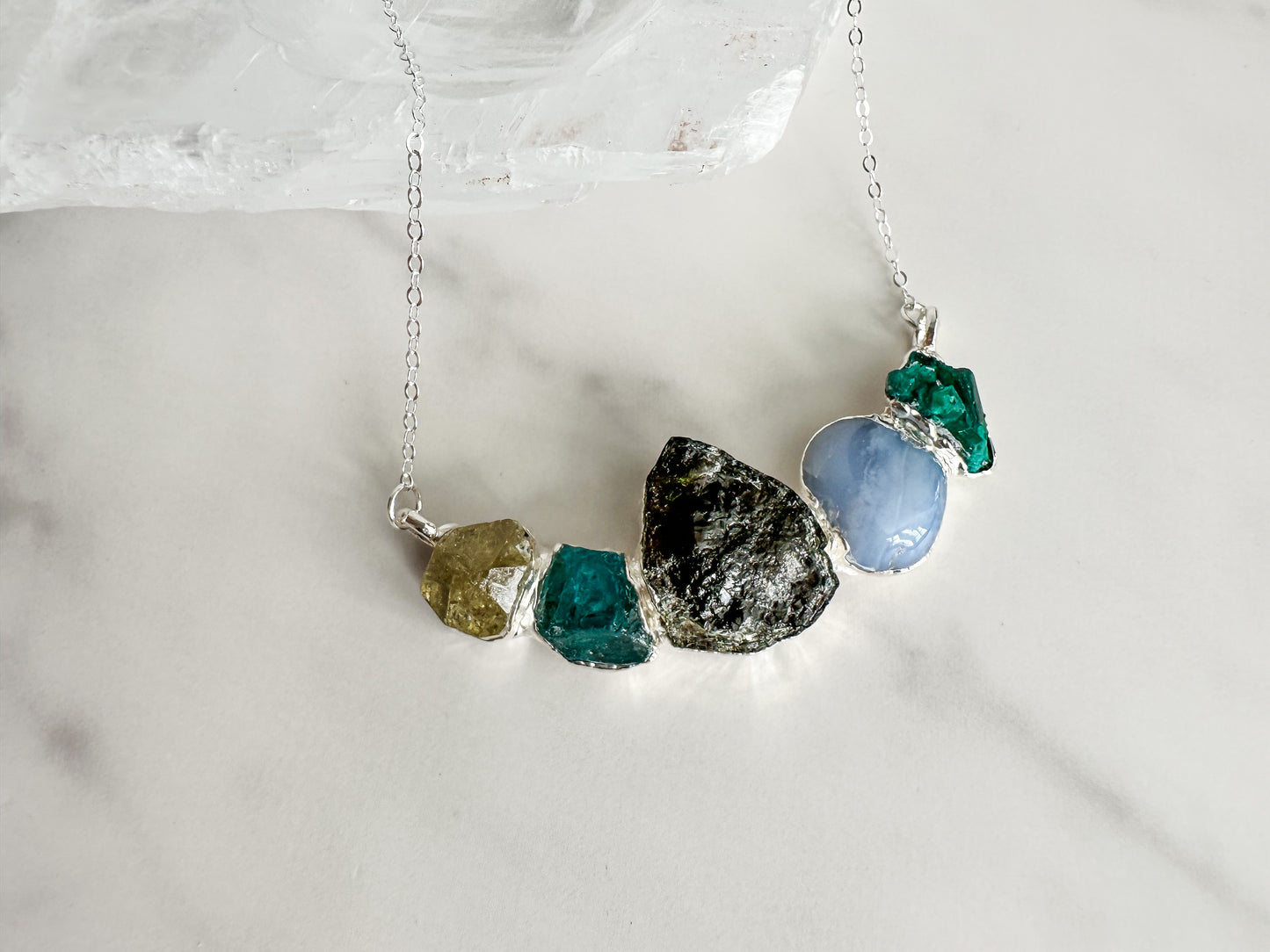 Apatite, Green Tourmaline, Angelite and Dioptase Necklcae