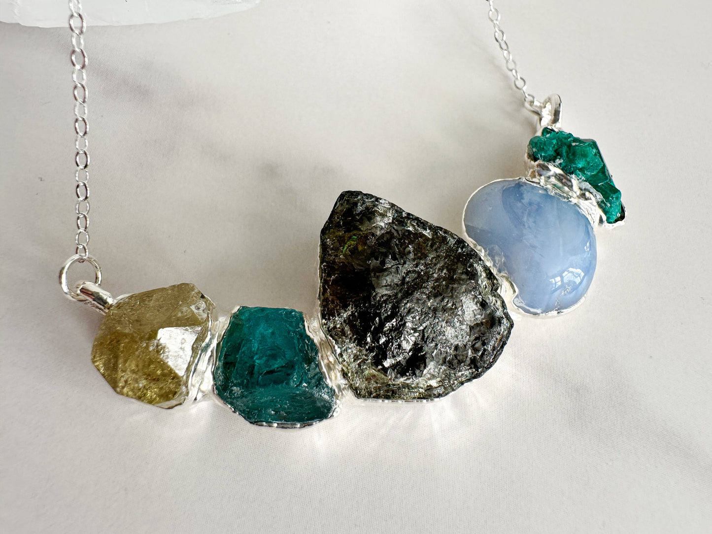 Apatite, Green Tourmaline, Angelite and Dioptase Necklcae